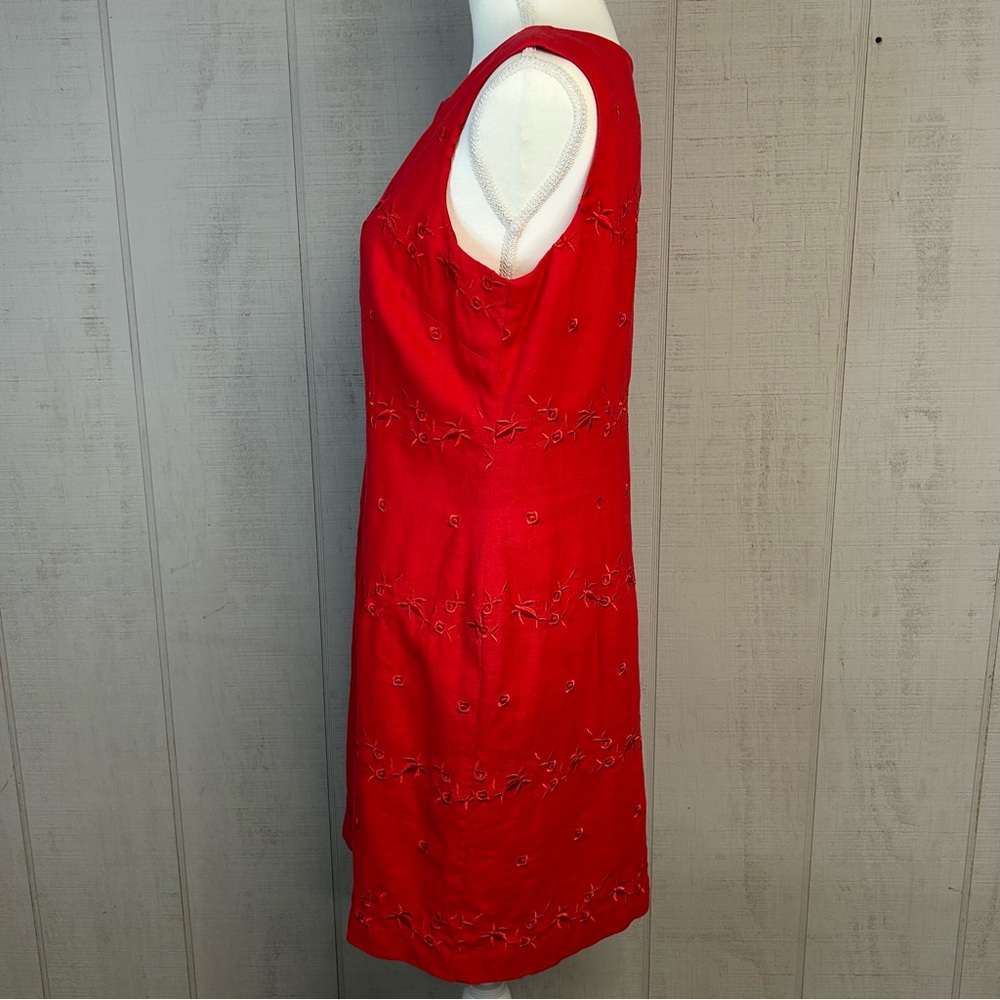 Vintage Linen Blend Midi Dress Sz 12 Sleeveless Floral Embroidery Romantic Red - Picture 3 of 11
